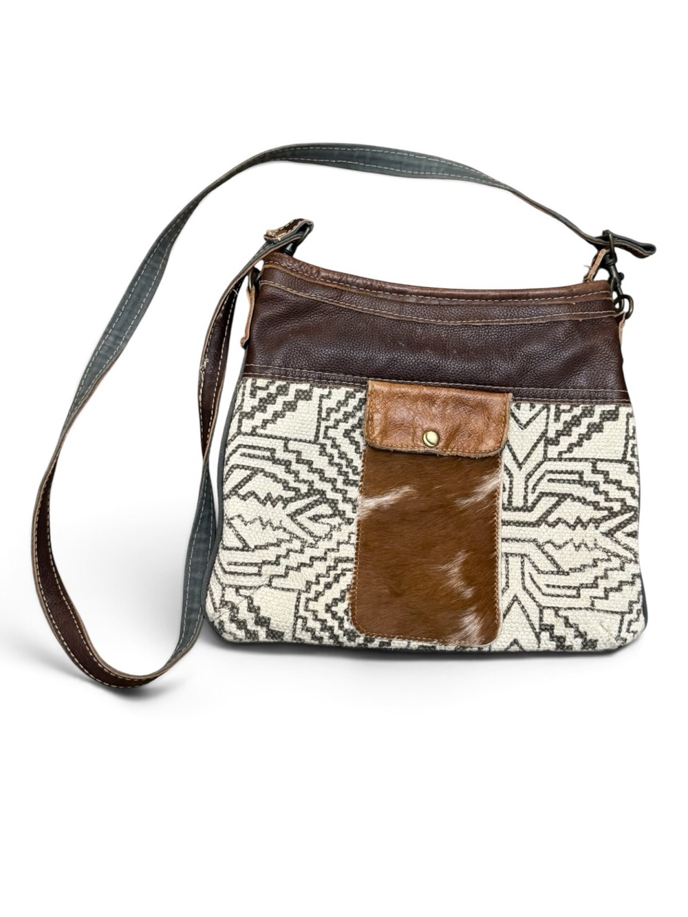 Myra Bag Western Boho Aztec Woven Canvas, Leather & Calf Hair Crossbody Bag
